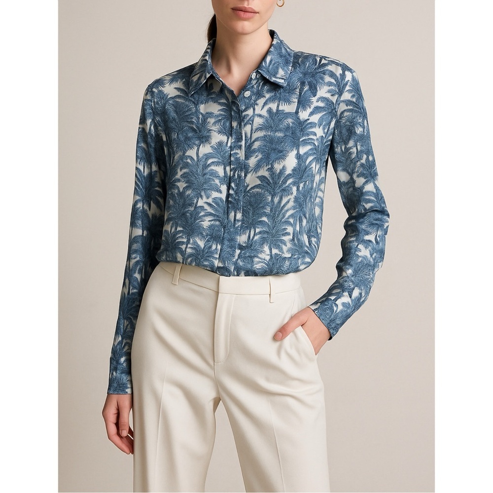 Karmamia Copenhagen Satin Palm Print Button Down Shirt Blue White XS Resortwear